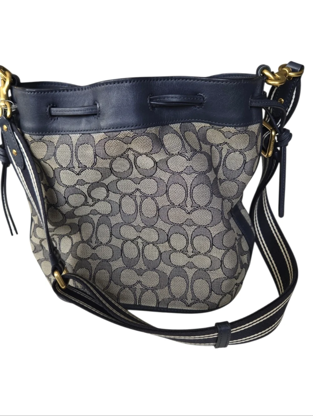 Coach Signature Canvas Bucket Bag Navy Crossbody Drawstring Leather Trim - Picture 5 of 7